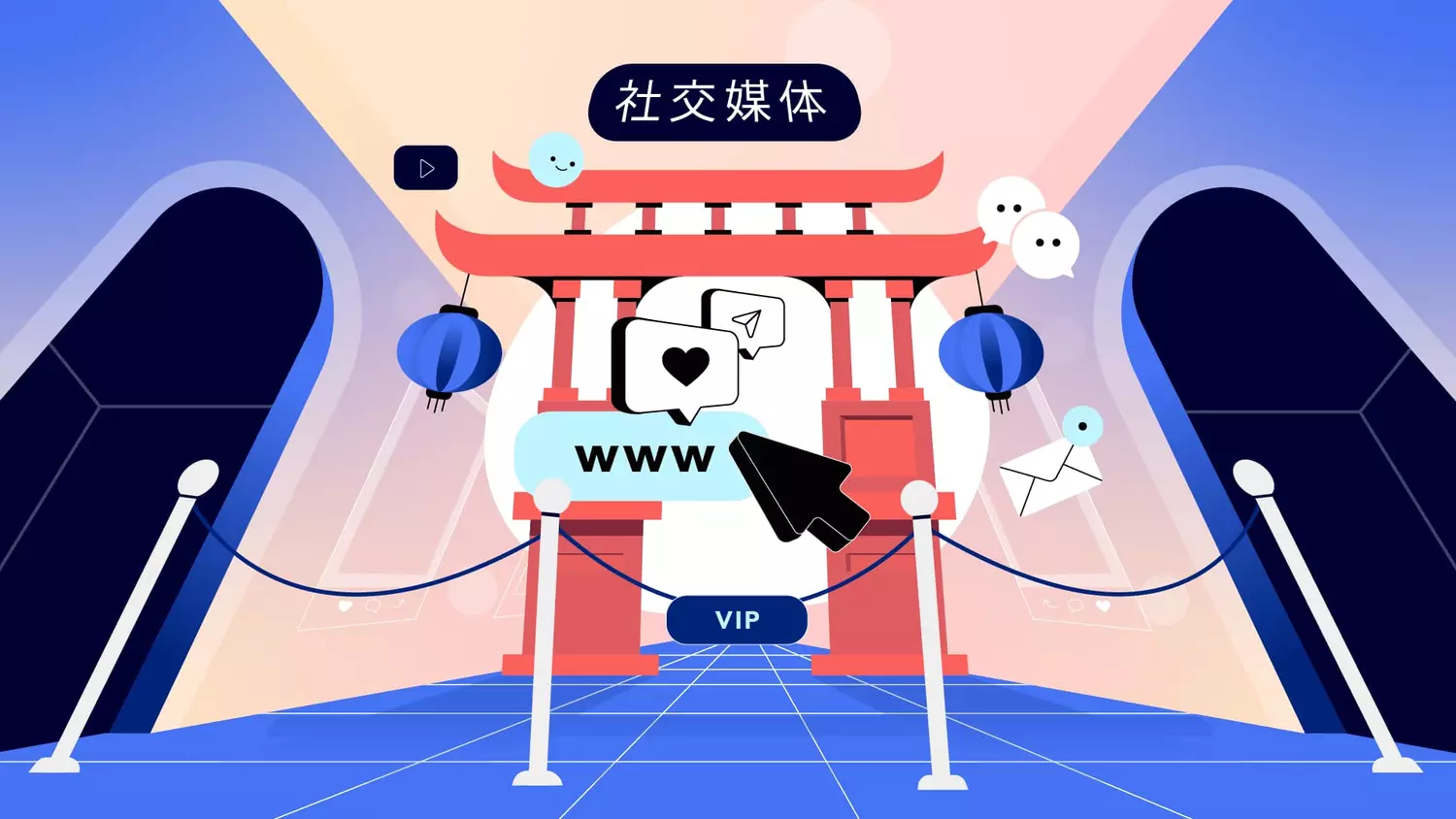Grafik zeigt ein chinesisches Tor umgeben von Chat-, Mail-. Website- und Social-Icons.