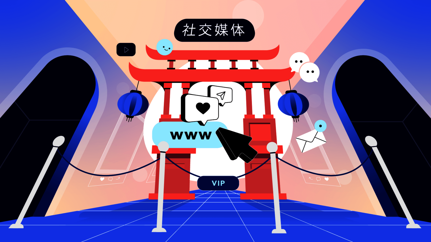 Graphic shows a Chinese gate surrounded by chat, mail. Website and social icons.