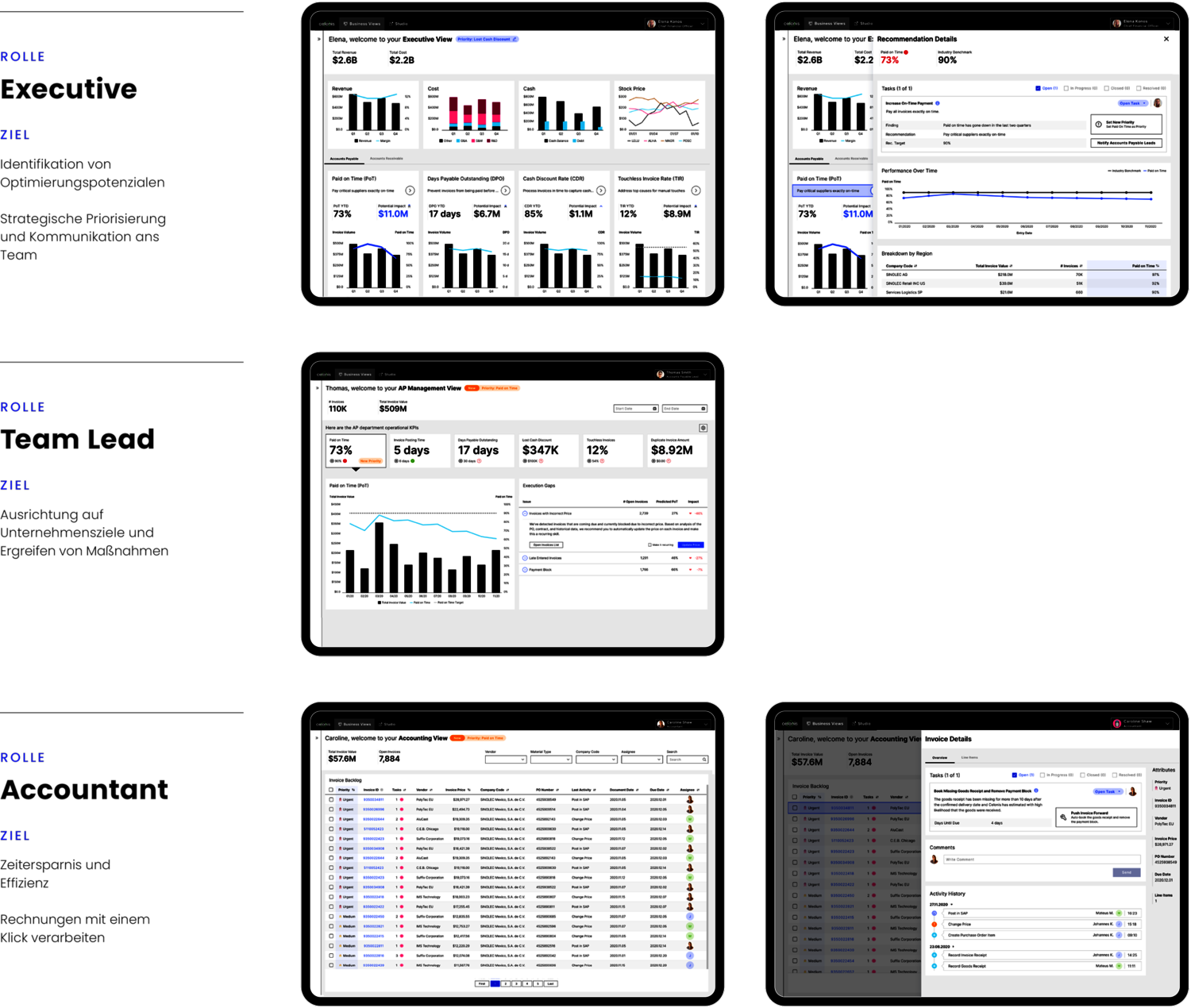 Executive, Teamlead oder Accountant: Eine Grafik zeigt individuell an die Rollen angepasste Datenansichten.