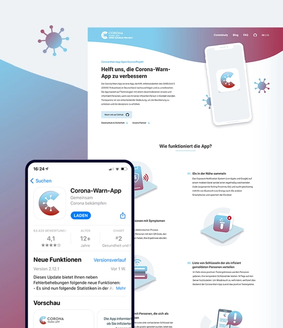 Startseite der Corona Warn-App-Website für RKI und T-Systems