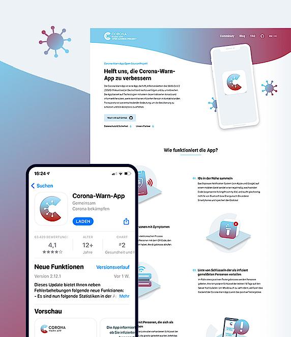 Startseite der Corona Warn-App-Website für RKI und T-Systems