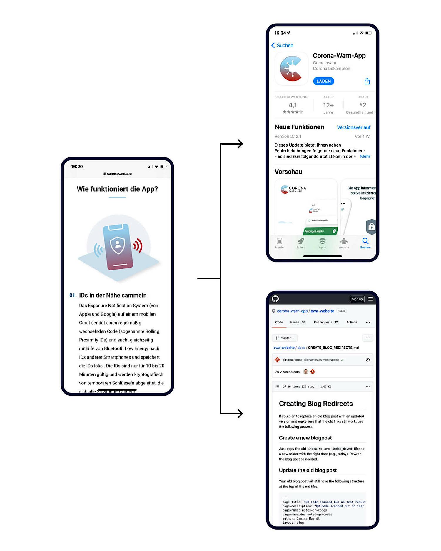 Grafik zeigt zwei Anwendungsfälle: Informationen für Alle und  Zugang zu Github für freiwillige Unterstützung bei der Entwicklung der Corona-Warn-App.