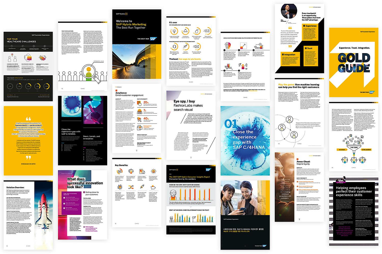 A colleciton of images shows different kinds of collaterals von SAP Hybris by deisgn agency SNK