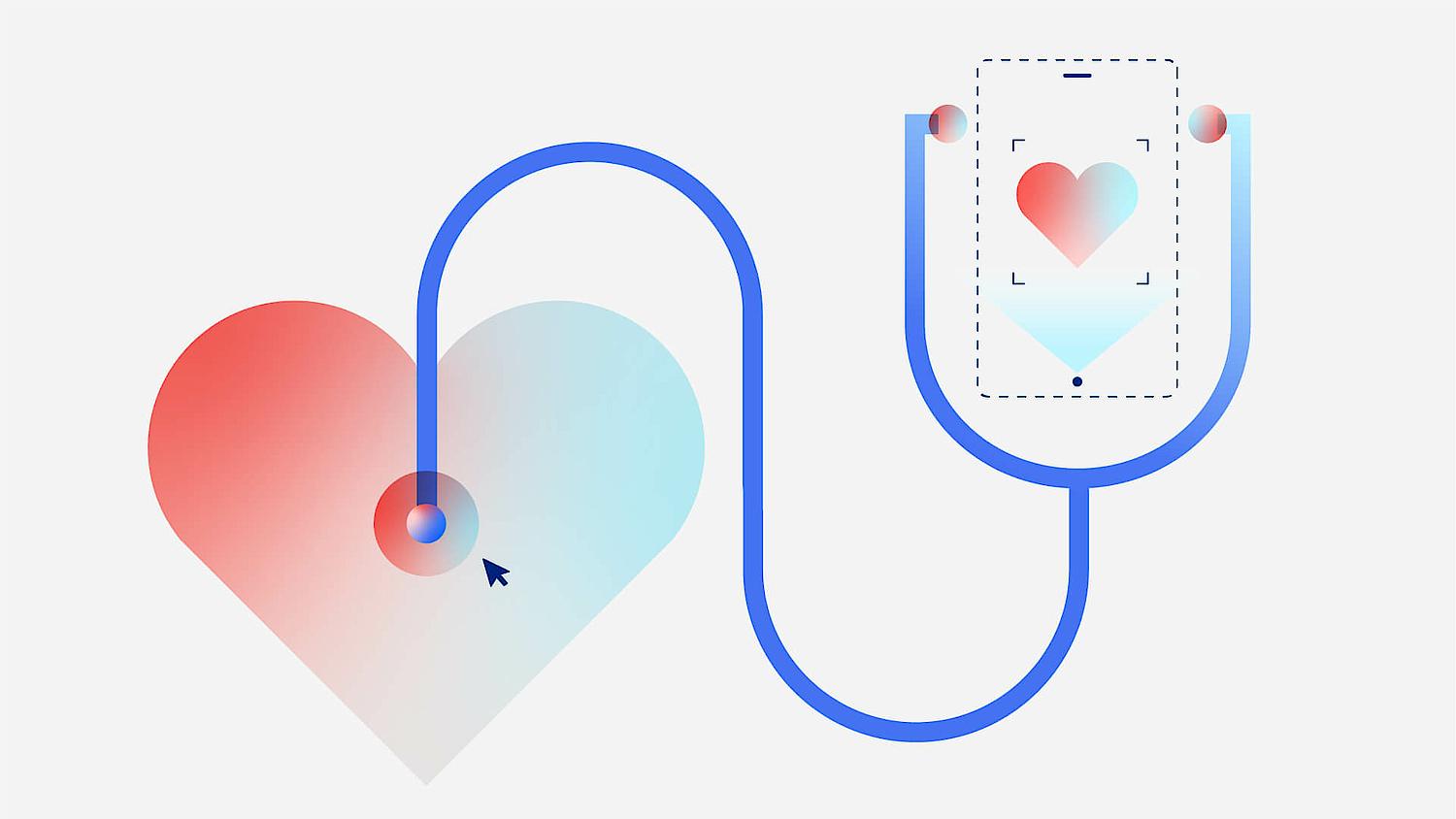 Eine Grafik zeigt ein Stethoskop mit einem Herz und einem mobile Device, das die Gesundheit misst.
