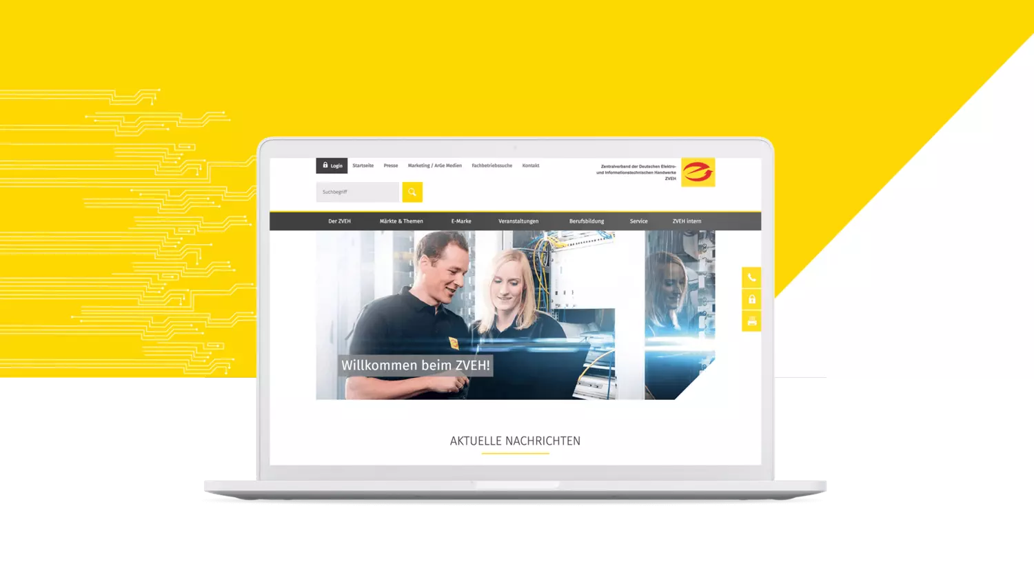 Ein Screenshot zeigt die Homepage der neuen E-Plattform des ZVEH mit Serviceangeboten für B2B.