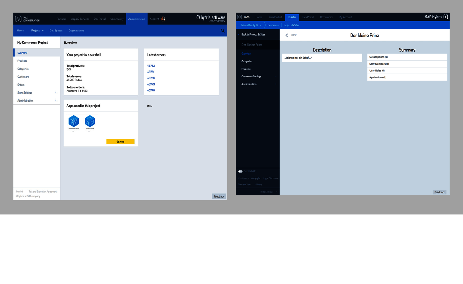 2 Screens des Admin Backends von YaaS mit der Übersicht zu eingegangen Bestellungen