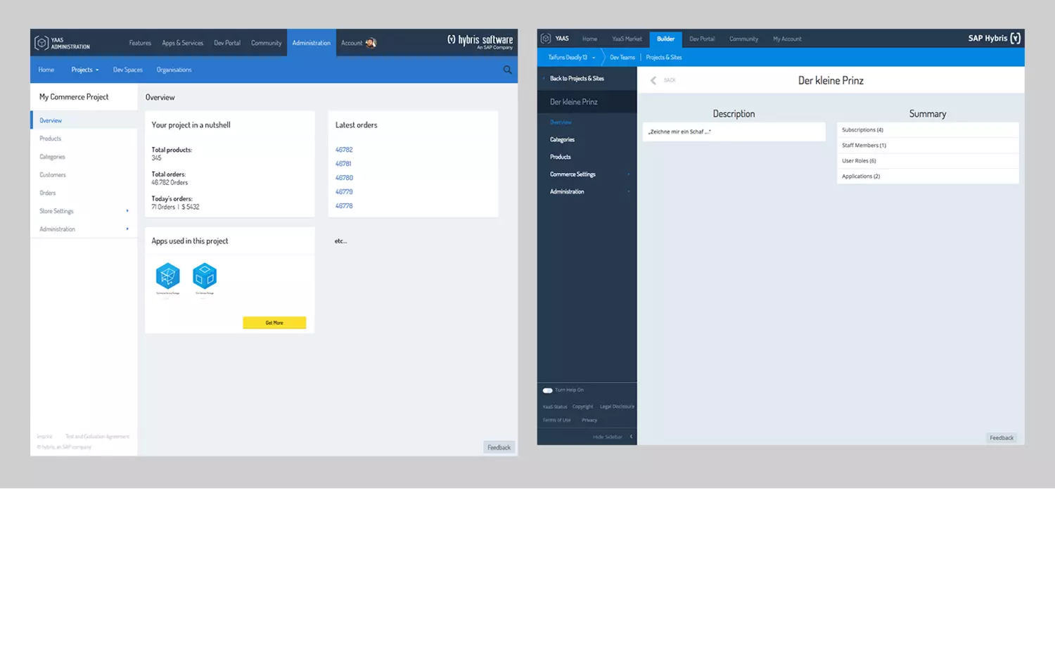 2 Screens des Admin Backends von YaaS mit der Übersicht zu eingegangen Bestellungen